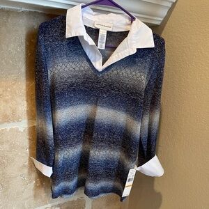 NWT Alfred Dunner Blue White Space Dye Pullover Collared Woven Tunic 90’s Y2K S